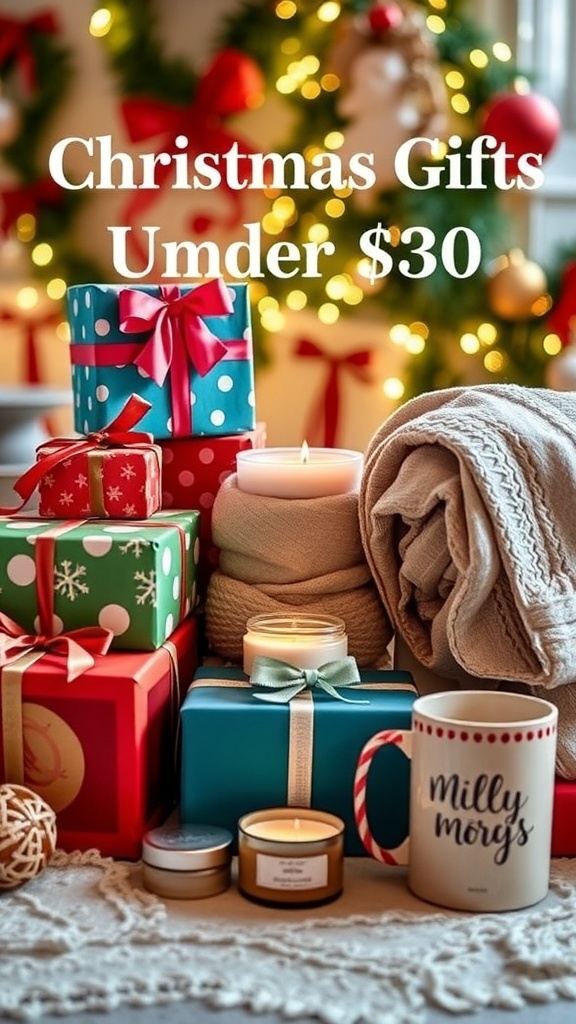 A collection of affordable Christmas gifts under $30, including a cozy blanket, a candle, and a personalized mug, arranged with holiday decorations.